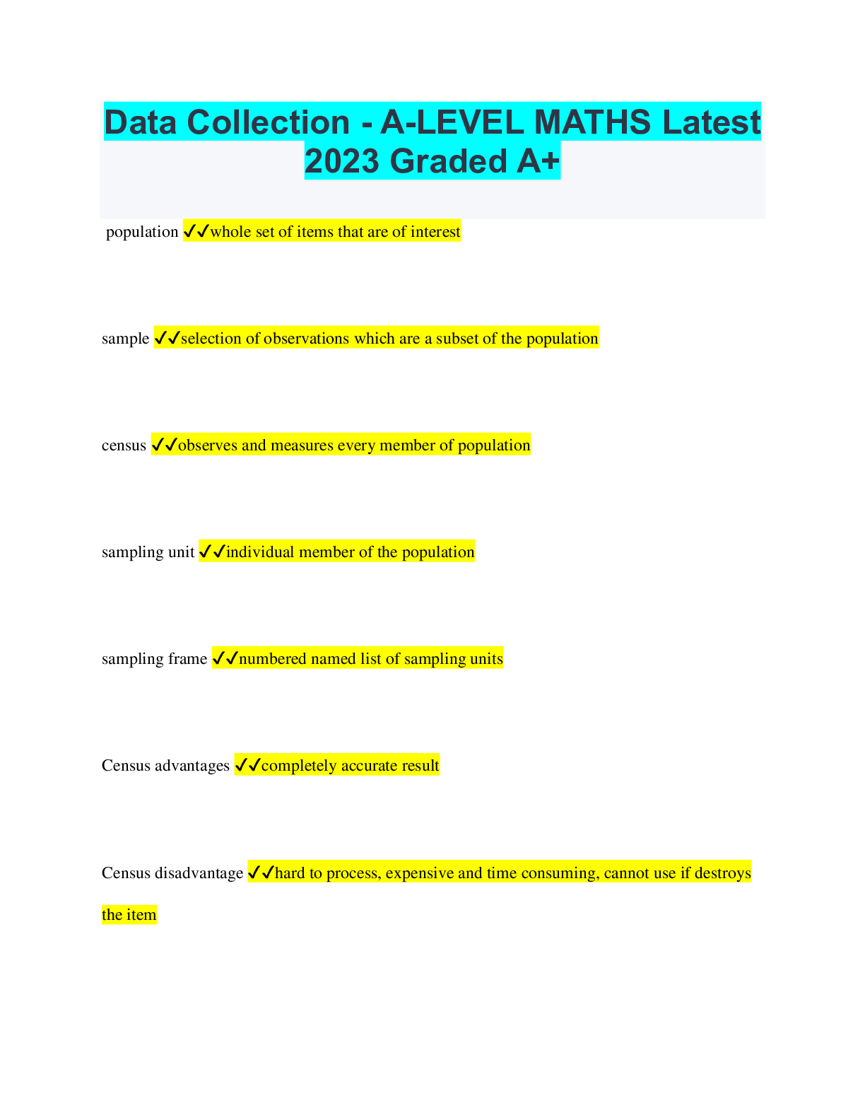 Preview image of Data Collection - A-LEVEL MATHS Latest 2023 Graded A+ document